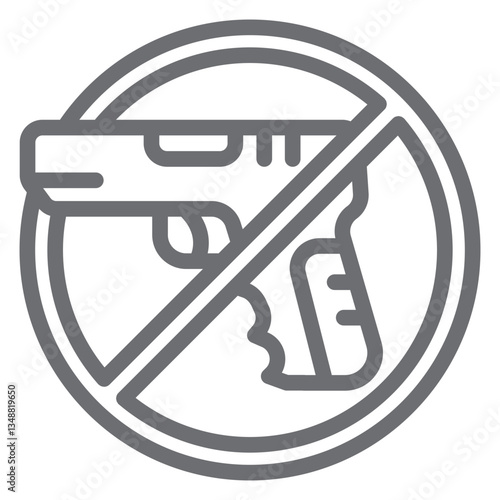 Pistol gun ban line icon, prohibited elements concept. Vector graphics. Gun shooting forbidden sign on white background, outline style icon for mobile or web design.
