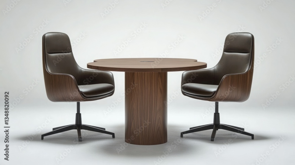 Two modern brown leather chairs surround a sleek, dark wood round table. Minimalist office design. Two modern brown leather chairs surround a sleek, dark wood round table. Minimalist office design.