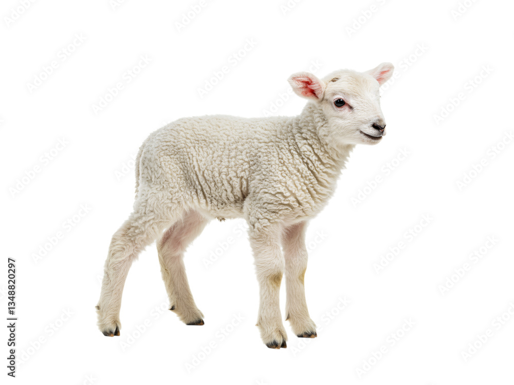 A charming, young lamb, in full, fluffy white fleece, stands against a transparent background A charming, young lamb, in full, fluffy white fleece, stands against a transparent background