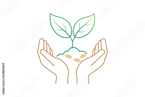 Open Hands Holding Young Plant Sprout with Leaves Outline Style on White Background