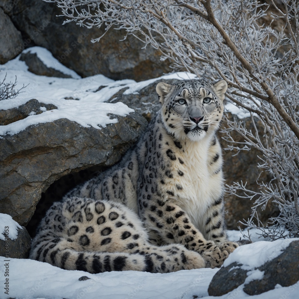 Fototapeta premium A snow leopard mother cuddling her cub under a rocky overhang, surrounded by frost-covered branches.