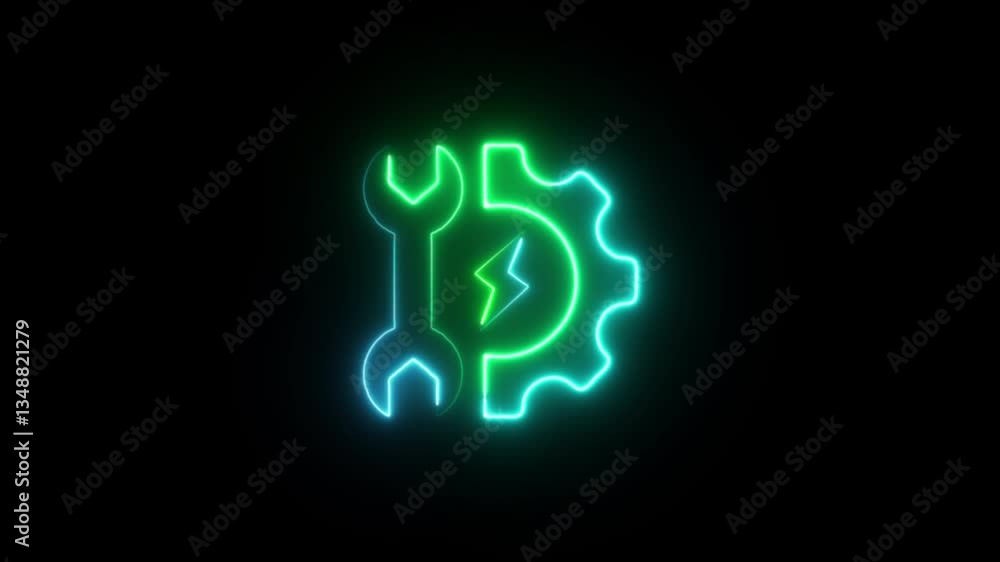 Concept neon wrench setting construction tool icon, spanner toolkit professional instrument flat line icon animation.wrench tools icon isolated on brick wall background. Service tool symbol. Concept neon wrench setting construction tool icon, spanner toolkit professional instrument flat line icon animation.wrench tools icon isolated on brick wall background. Service tool symbol.