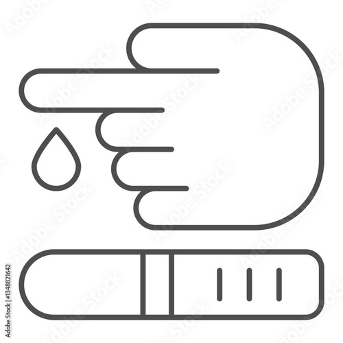 Glucose meter strip strip with hand thin line icon, medical test concept. Vector graphics. Finger drop with sample stick sign on white background, outline style icon for mobile or web design.