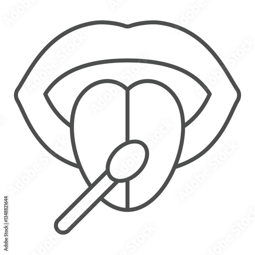 Woman tongue with sample wand thin line icon, genetic research concept. Vector graphics. DNA test skin stick sign on white background, outline style icon for mobile or web design.