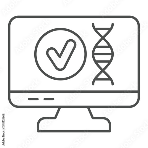 Monitor screen with DNA approval thin line icon, genetic research concept. Vector graphics. Display DNA chain test sign on white background, outline style icon for mobile or web design.