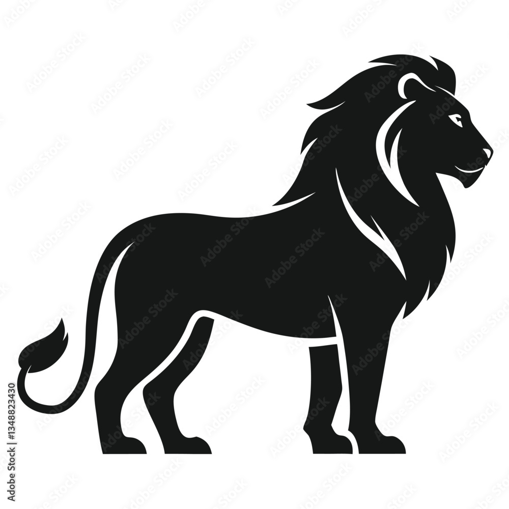 Silhouette of a Majestic Lion with a Thick Mane, Strong Legs, and Curled Tail Silhouette of a Majestic Lion with a Thick Mane, Strong Legs, and Curled Tail