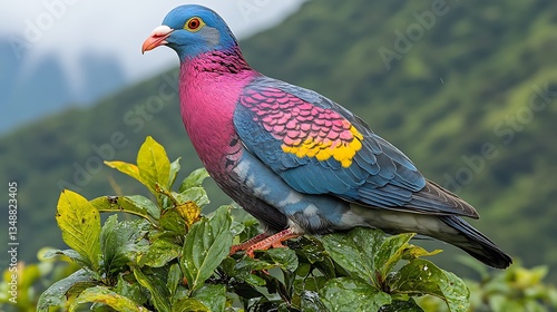 Vibrant pink and blue pigeon perched on green foliage.