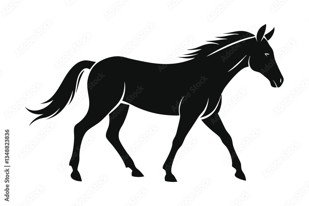 Silhouette of Majestic Walking Horse, Black Equine Figure, Isolated on White Backdrop Silhouette of Majestic Walking Horse, Black Equine Figure, Isolated on White Backdrop