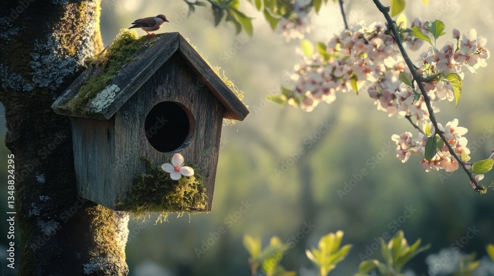 Birdhouse nestled in a flowering tree. Birdhouse nestled in a flowering tree.