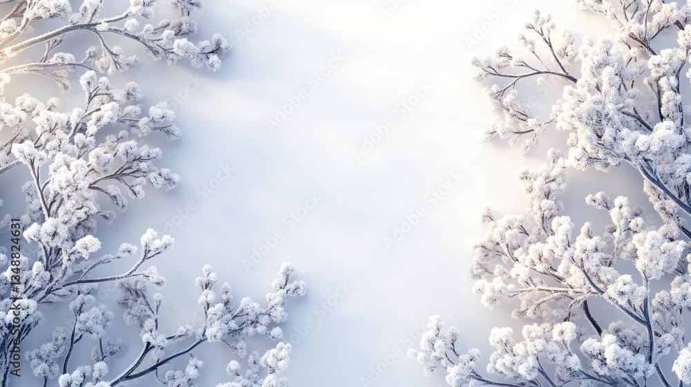 Frozen branches adorned with delicate white snow on a light background Frozen branches adorned with delicate white snow on a light background