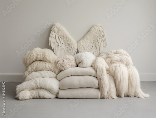 Elegant white pillows with decorative wings.