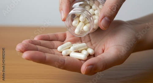 A hand pouring white capsules from a bottle into the palm, preparing for consumption.