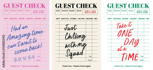 Fun restaurant sayings in Guest Check List receipt concept for wall art, posters, postcard. t-shirt design graphics, banners and templates. Travel, restaurant, cafe art decor. 