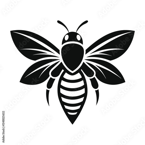 Striking Black Bee Silhouette With Detailed Wings and Body on White Background