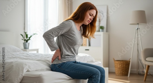 A woman sitting on a bed with one hand on her lower back, showing signs of pain.

