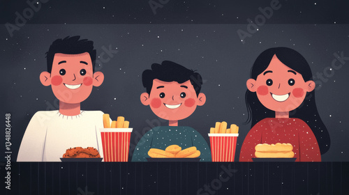 Enjoying fun meal together, three animated characters smile while sharing delicious snacks like fries and chicken