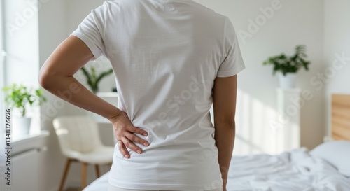 A woman standing with her back to the camera, holding her lower back in pain in a bright bedroom.