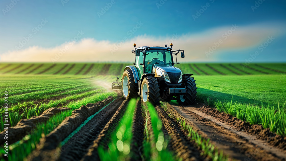 Obraz premium Modern tractor cultivating green rice fields under a clear sky at sunset, showcasing agricultural innovation and productivity