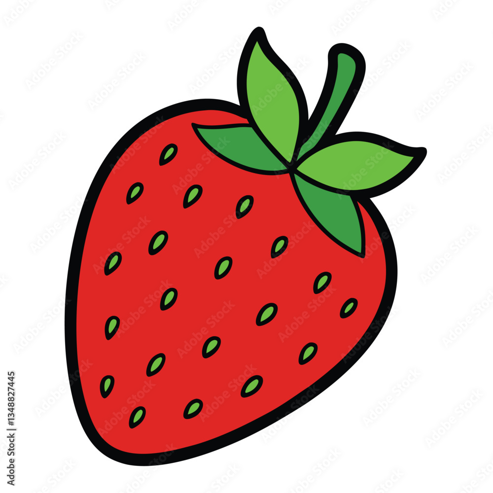 Stylized Red Strawberry with Green Leaves and Seeds Outline on a White Background Stylized Red Strawberry with Green Leaves and Seeds Outline on a White Background