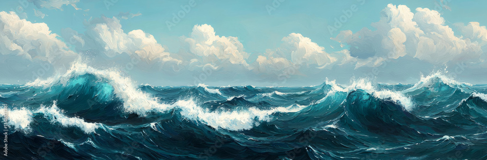 Majestic ocean waves crash against each other under bright blue sky, creating serene and dynamic seascape filled with fluffy clouds Majestic ocean waves crash against each other under bright blue sky, creating serene and dynamic seascape filled with fluffy clouds
