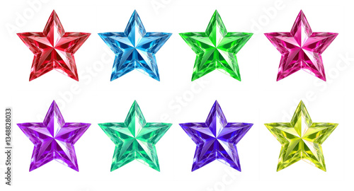 set of colorful crystal stars isolated on transparent background