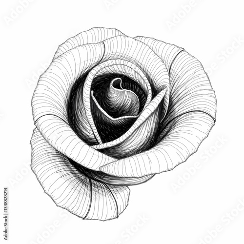 Elegant Rose Illustration: A detailed black and white illustration of a rose in full bloom, showcasing its delicate petals and intricate details.