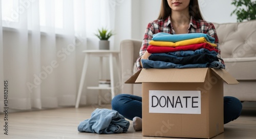 A woman folding clothes for donation, placing them in a box while sitting on the floor in a cozy home environment.