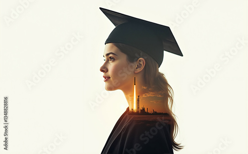 Wallpaper Mural Double exposure effect of a rocket launching and profile portrait of a young woman wearing a black graduation cap Torontodigital.ca