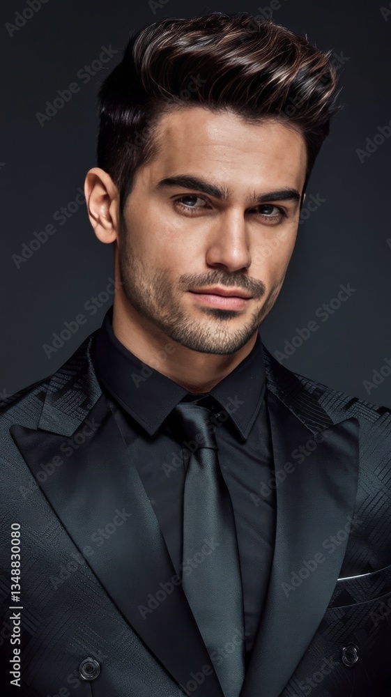 Close-up, a portrt of a handsome stylish man in an elegant black suit over a dark background. Close-up, a portrt of a handsome stylish man in an elegant black suit over a dark background.
