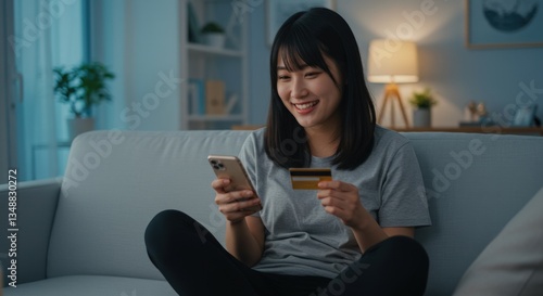 A young woman sitting on a sofa in a well-lit room, smiling as she holds a credit card and a smartphone, engaged in an online purchase or payment.