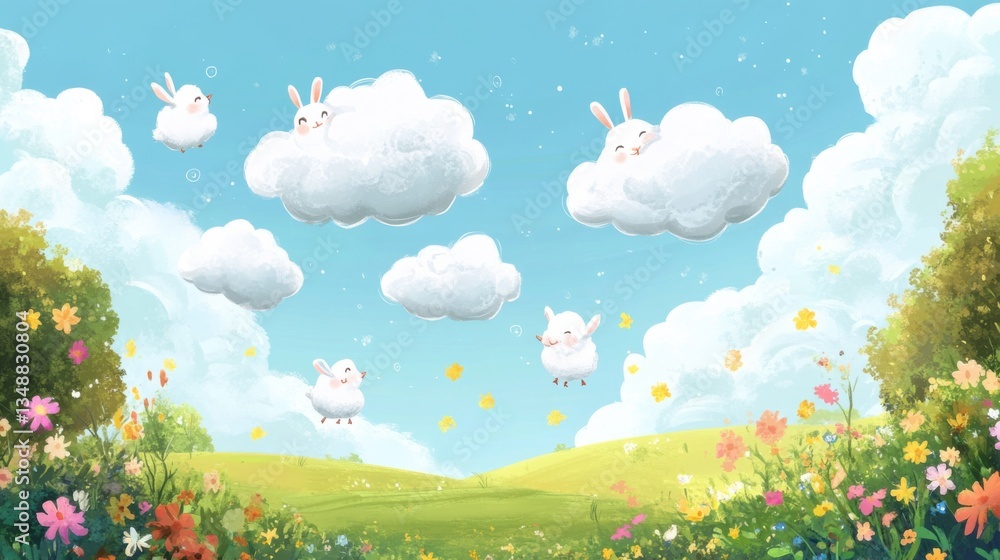 Dreamy landscape with playful clouds and rabbits. Dreamy landscape with playful clouds and rabbits.