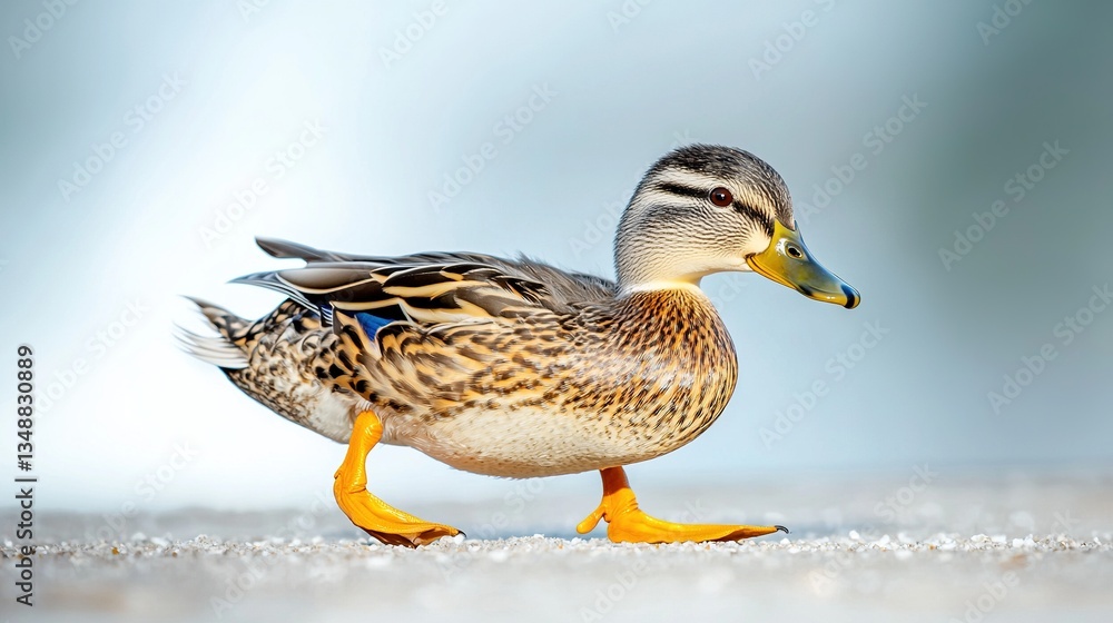 Female duck walking on pebble beach Female duck walking on pebble beach