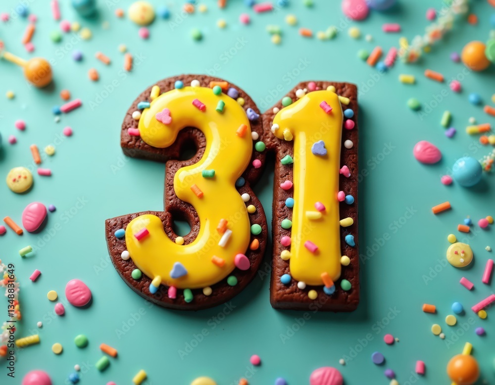 Decorated cookie with yellow icing in number 31 form for 31st birthday or anniversary. Colorful sprinkles, candies on bright blue background. Celebration, party food. Decorated cookie with yellow icing in number 31 form for 31st birthday or anniversary. Colorful sprinkles, candies on bright blue background. Celebration, party food.