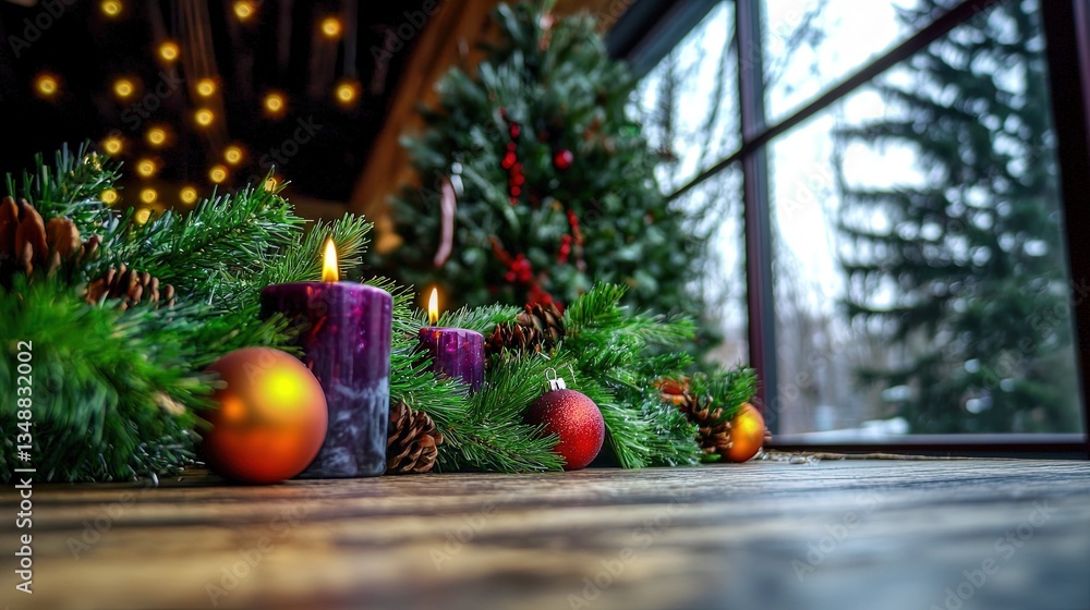 Festive candles, ornaments, and greenery on a wooden surface near a Christmas tree and window Festive candles, ornaments, and greenery on a wooden surface near a Christmas tree and window