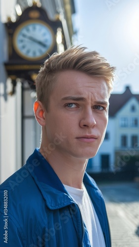 Portrait of young blond man in blue jacket on street with clock