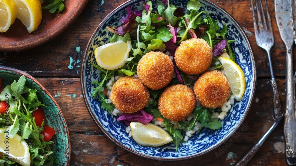 A vibrant overhead shot of arancini served with a fresh salad and lemon wedges, emphasizing the colorful presentation and inviting nature of this Italian comfort food. A vibrant overhead shot of arancini served with a fresh salad and lemon wedges, emphasizing the colorful presentation and inviting nature of this Italian comfort food.