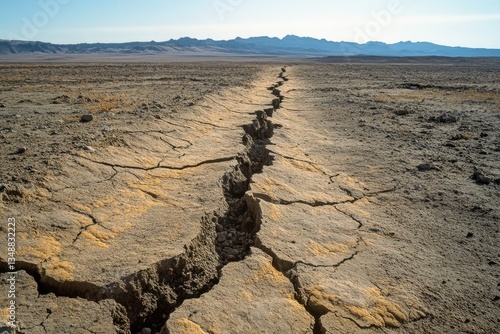 A long, deep crack in dry, cracked earth stretches towards distant mountains under a clear sky.