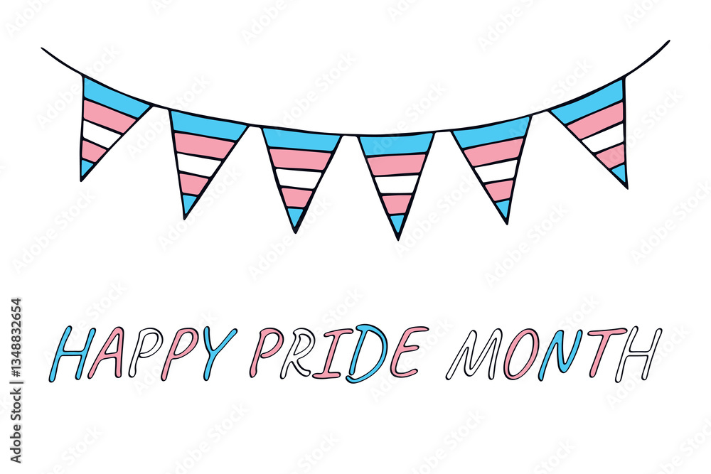 Obraz premium Colorful garland Transgender pride flag Happy pride day LGBTQIA community Pride Month Vector hand drawn doodle for posters, stickers, logo, cards