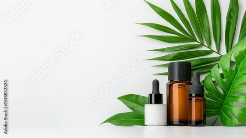 Wallpaper Mural Amber glass bottles with dropper skincare products and tropical leaves on white background Torontodigital.ca