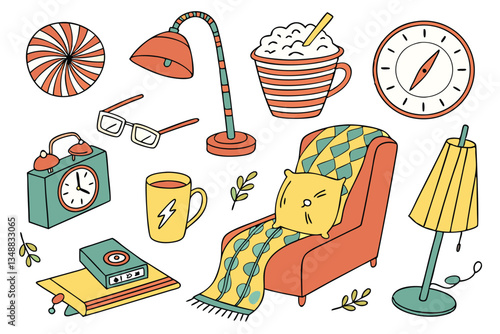 58 Hand-drawn kitchen utensils, colorful cooking tools illustration, whimsical kitchenware sketch, simple line art, red oven mitt, cheese grater, coffee maker, measuring cups, trash can, salt shaker, 