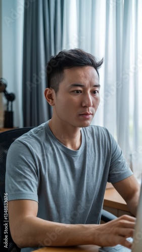 Focused Asian man working on laptop at home office