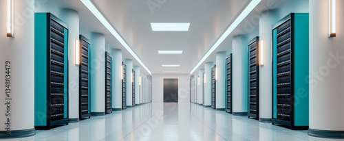 Modern Data Center with Rows of Servers in White Room with Blue and Black Accents