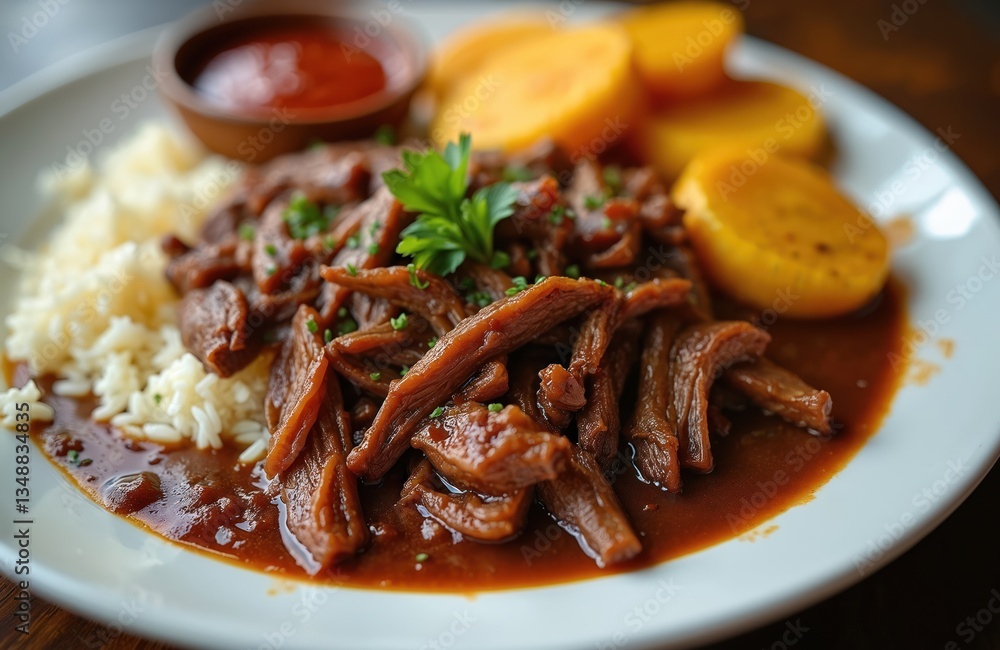 Latin American dish with shredded beef, plantains, rice, sauce on white plate. Traditional meal from Cuba, Dominican Republic or Caribbean. Cooked dinner for lunch, breakfast. Culinary cuisine. Latin American dish with shredded beef, plantains, rice, sauce on white plate. Traditional meal from Cuba, Dominican Republic or Caribbean. Cooked dinner for lunch, breakfast. Culinary cuisine.