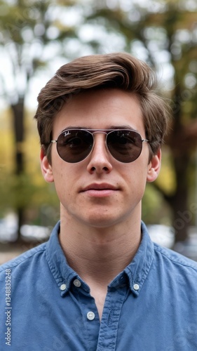 Portrait of young man in sunglasses and blue shirt