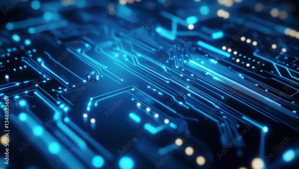Blue circuit board lines glowing in the dark, representing advanced technology and data transfer. Blue circuit board lines glowing in the dark, representing advanced technology and data transfer.