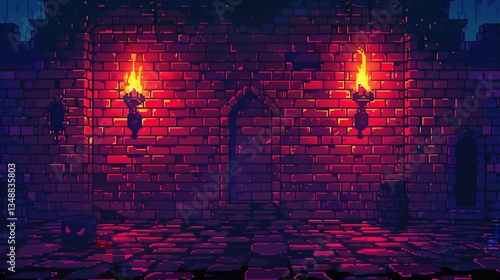 A pixelated image of a brick wall with two lit torches on either side of an arched doorway.