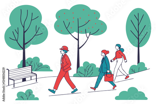 59 Colorful cartoon people walking, diverse group, simple line drawings, flat colors, whimsical style, children's book illustration, cheerful characters, different hairstyles and outfits, animated pos