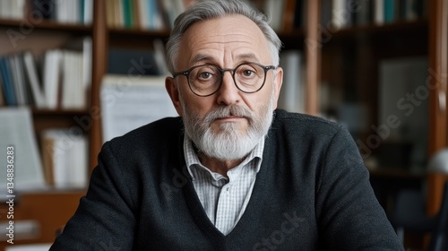 Mature man, serious expression, in library setting