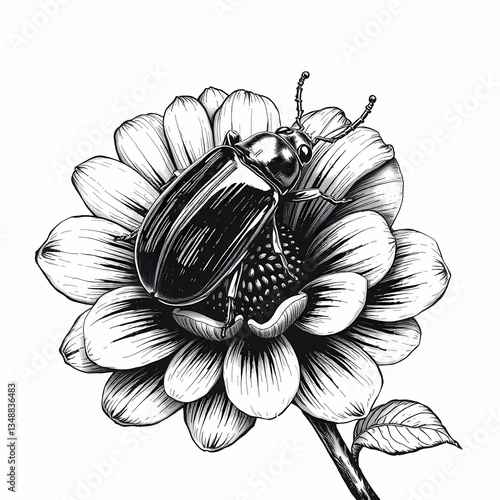 Ink Beetle on Flower: A meticulously detailed ink drawing showcases a striking beetle perched delicately upon a blooming flower, showcasing intricate lines, shadow play, and artistic flair. 