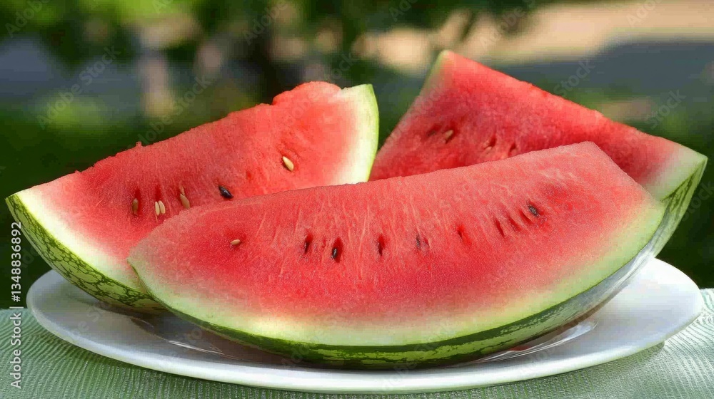 Juicy watermelon slices on a plate, a refreshing summer treat. Juicy watermelon slices on a plate, a refreshing summer treat.